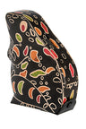 Black tooled leather frog tzedakah box with red, green and orange leaves and Hebrew lettering
