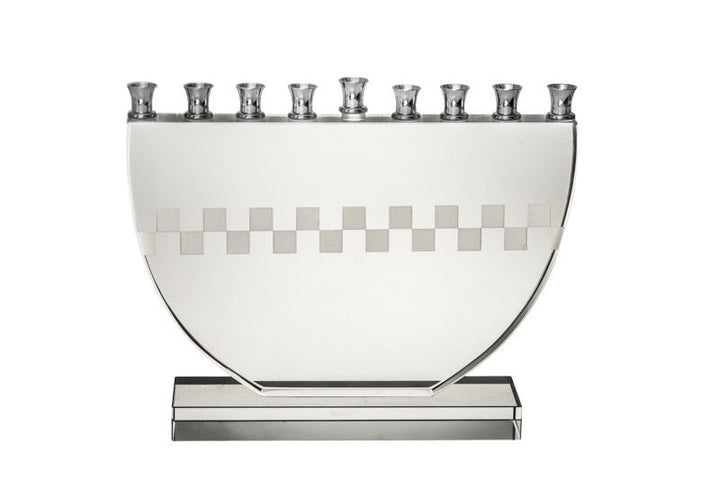 Half-moon crystal menorah with a frosted checker band and nine silver-tone cups, center cup raised