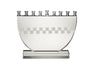 Half-moon crystal menorah with a frosted checker band and nine silver-tone cups, center cup raised