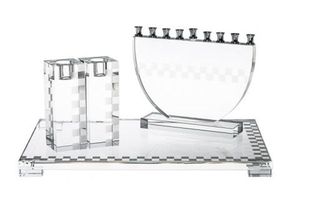 Checker board crystal menorah shown with matching crystal candlesticks on a checker-edged tray