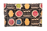 Front flap of black tooled leather purse with yellow hamsas, red spirals and wavy line squares