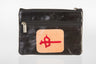 Black leather Mah Jongg purse with a single red-character tile on the front and two zippers