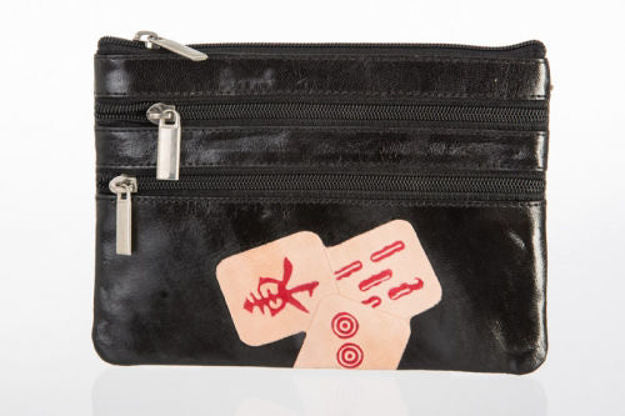 Black leather Mah Jongg purse front with three zippers and overlapping tile designs