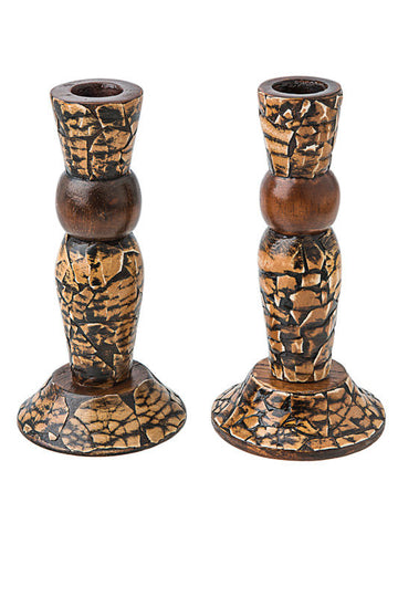 Pair of wood candlesticks covered in gold and brown crackled eggshell mosaic with a dark wood center ring