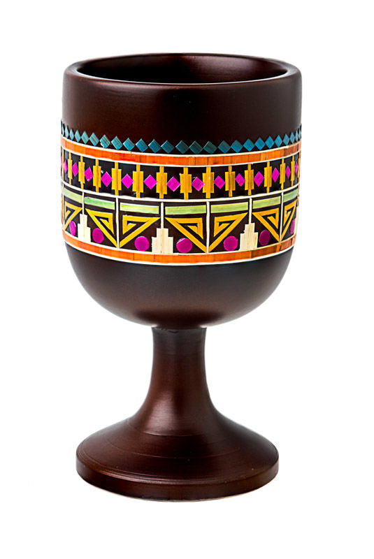 Dark wood Pharonic Elijah's cup goblet with a wide geometric band of pink, green and yellow straw
