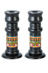 Pair of black turned wood candlesticks with multicolor geometric straw bands