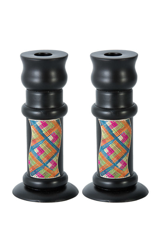 Pair of black wood Reed Sea Shabbat candlesticks with a multicolor woven straw pattern band