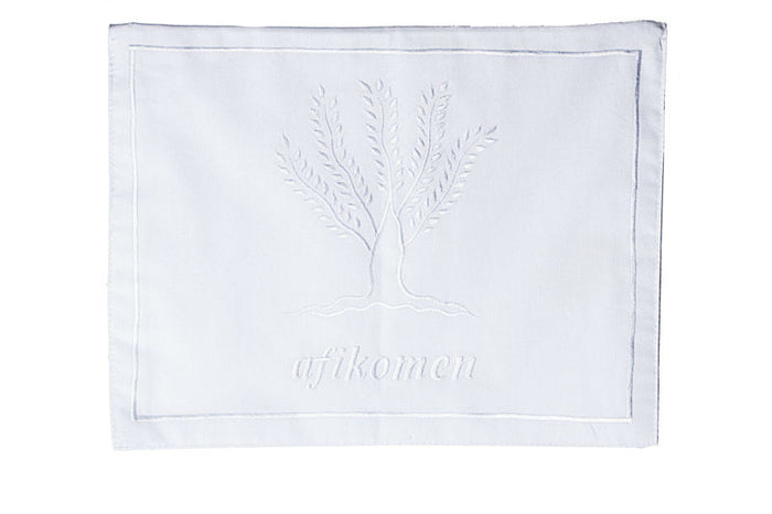 White cotton afikomen bag with tonal embroidered Tree of Life and the word afikomen
