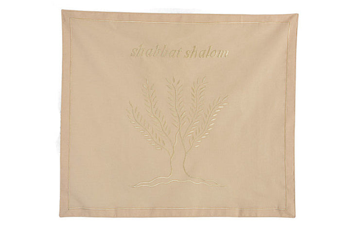 Bisque tan cotton challah cover with tonal embroidered Tree of Life and Shabbat Shalom script above
