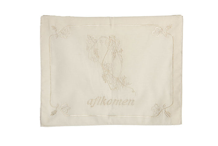 Cream cotton Afikomen bag with embroidered jar motif, corner scrolls and the word afikomen