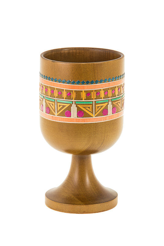 Light wood Pharonic Elijah's cup with narrow pink, green and gold straw band below the rim