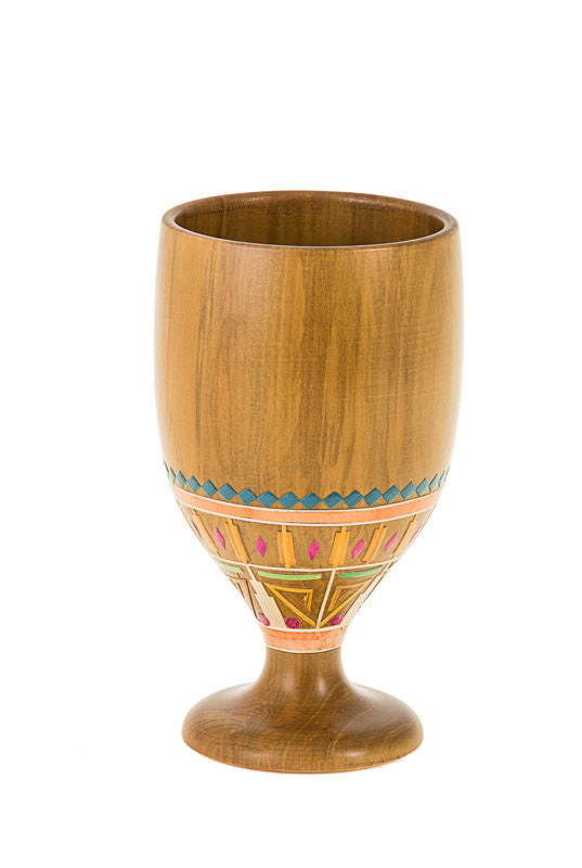 Light wood Pharonic Miriam's cup with plain bowl and geometric multicolor straw band near the base