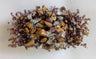 Stretch bracelet with tan, clear and lavender stone chips and mixed purple and gold bead fringe