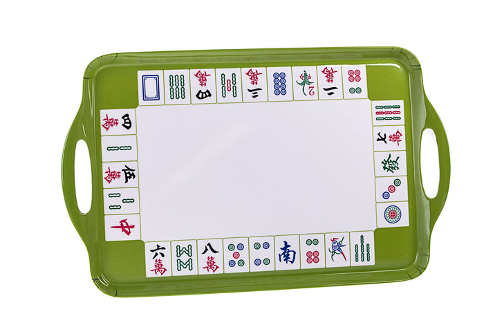 Rectangular green melamine Mah Jongg tray with cut-out handles and a border of printed game tiles