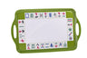 Rectangular green melamine Mah Jongg tray with cut-out handles and a border of printed game tiles