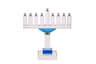 Blue accented crystal menorah with eight branches and a raised shamash for Chanukah