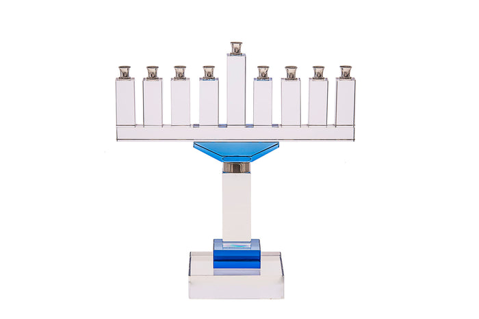 Clear crystal pedestal menorah with raised center shamash and royal blue accents on column and base