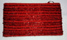 Large red beaded clutch with horizontal stripes of glossy red beads and a metal ring at the corner