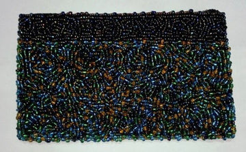Beaded clutch in mixed peacock blue, green and bronze beads with a dark band across the top