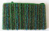 Green beaded purse with vertical stripes of teal and bronze beads and a beaded zip pull