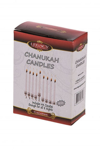 Box of 44 white Chanukah candles with red and white Legacy-branded packaging