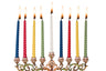 Nine lit tall twisted Chanukah candles in blue, red, yellow, green and white in an ornate menorah
