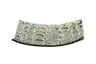 Curved square glass matzah plate patterned with overlapping blue and green circles