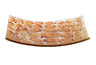 Curved square glass matzah plate with overlapping amber and orange circles and thin dark swirls