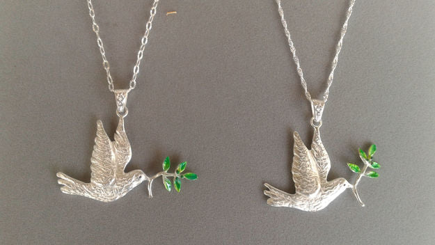 Dove with Olive Enamel Branch Pendant — alternate view | Judaica Square Lakewood