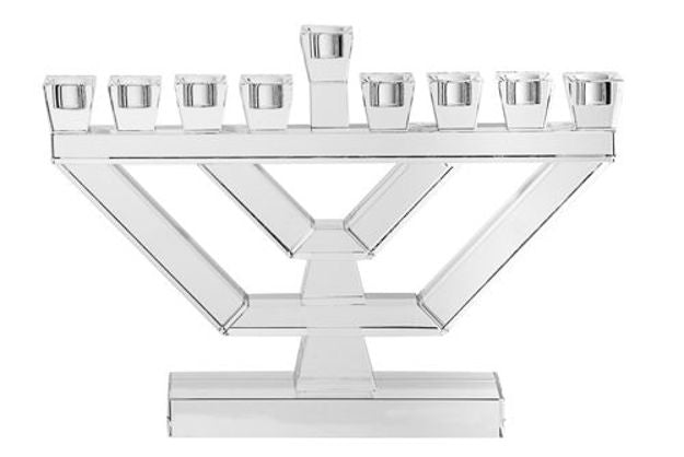 Clear crystal menorah with nine cups on a straight bar and angled supports on a rectangular base