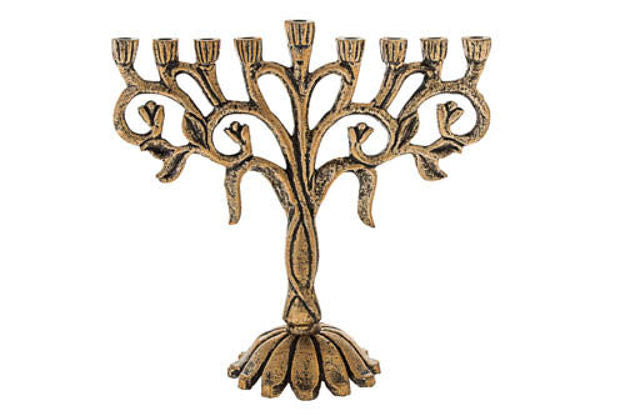 Antiqued gold-tone tulip menorah with scrolling branches, buds and leaves on a petal base
