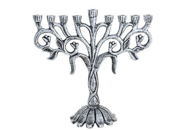 Silver metal tulip menorah with curling branches from a braided trunk on a petal base