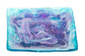 Square resin matzah plate with swirling purple center and aqua blue rim