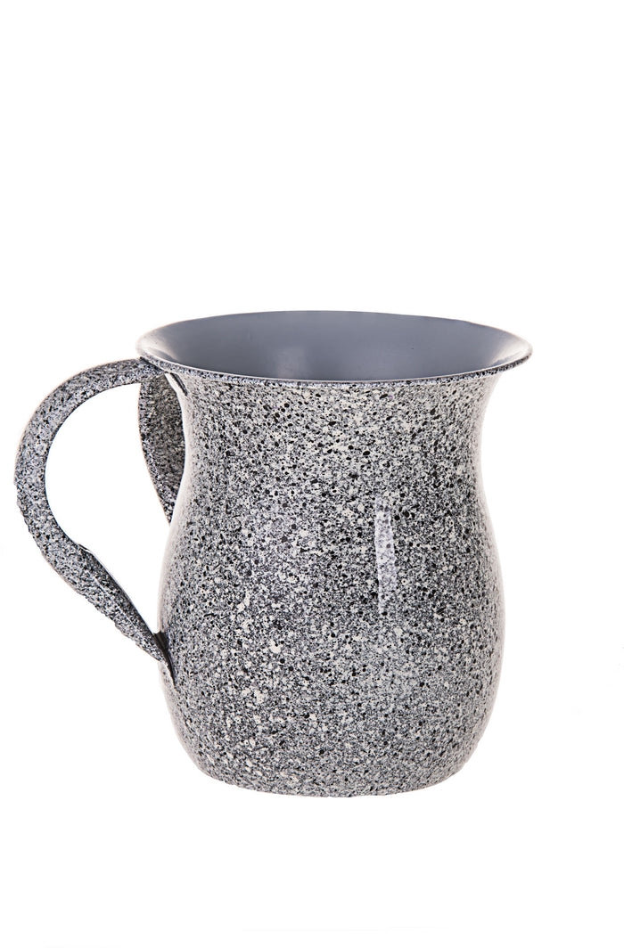 Rounded wash cup with speckled marble-look finish, flared rim and single loop handle