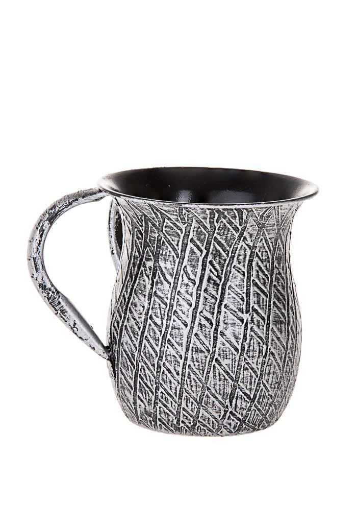 Pitcher-style wash cup with raised silver and black diagonal texture and a single loop handle