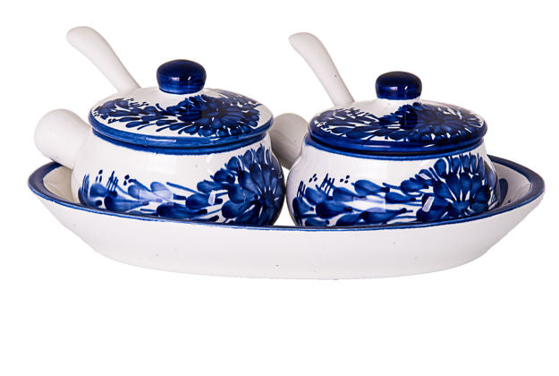 Ceramic Condiment set Bowl -Tray blue/white — alternate view | Judaica Square Lakewood
