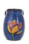 Speckled blue stoneware wash cup with a painted pink and yellow flower and two small handles