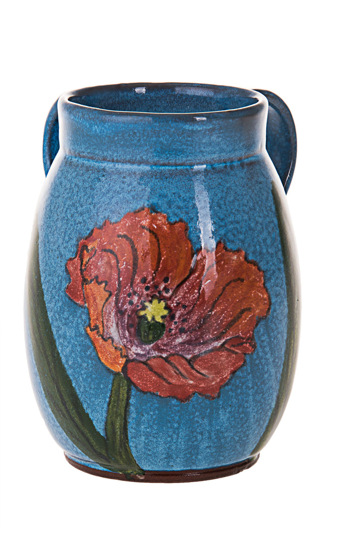 Turquoise stoneware wash cup painted with a large red poppy-style flower on a green stem