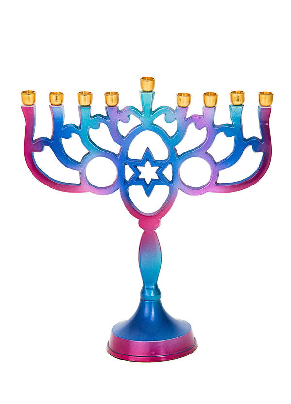 Blue and Purple Metal Menorah | Judaica Square Lakewood