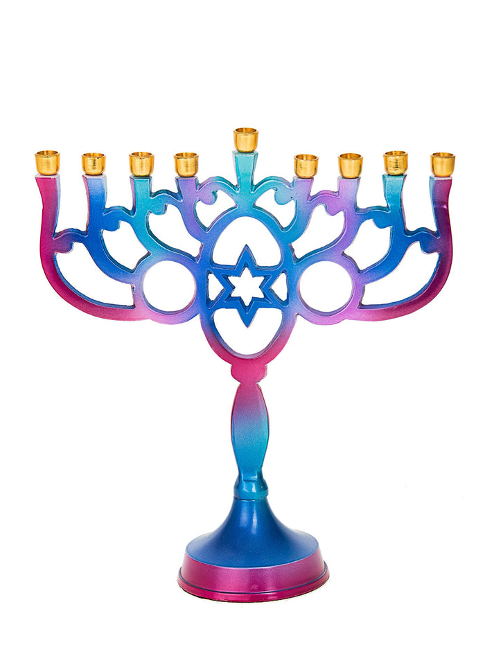 Blue and Purple Metal Menorah | Judaica Square Lakewood