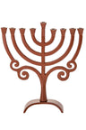 Brown metal menorah with curved arms, scroll accents and an arched base