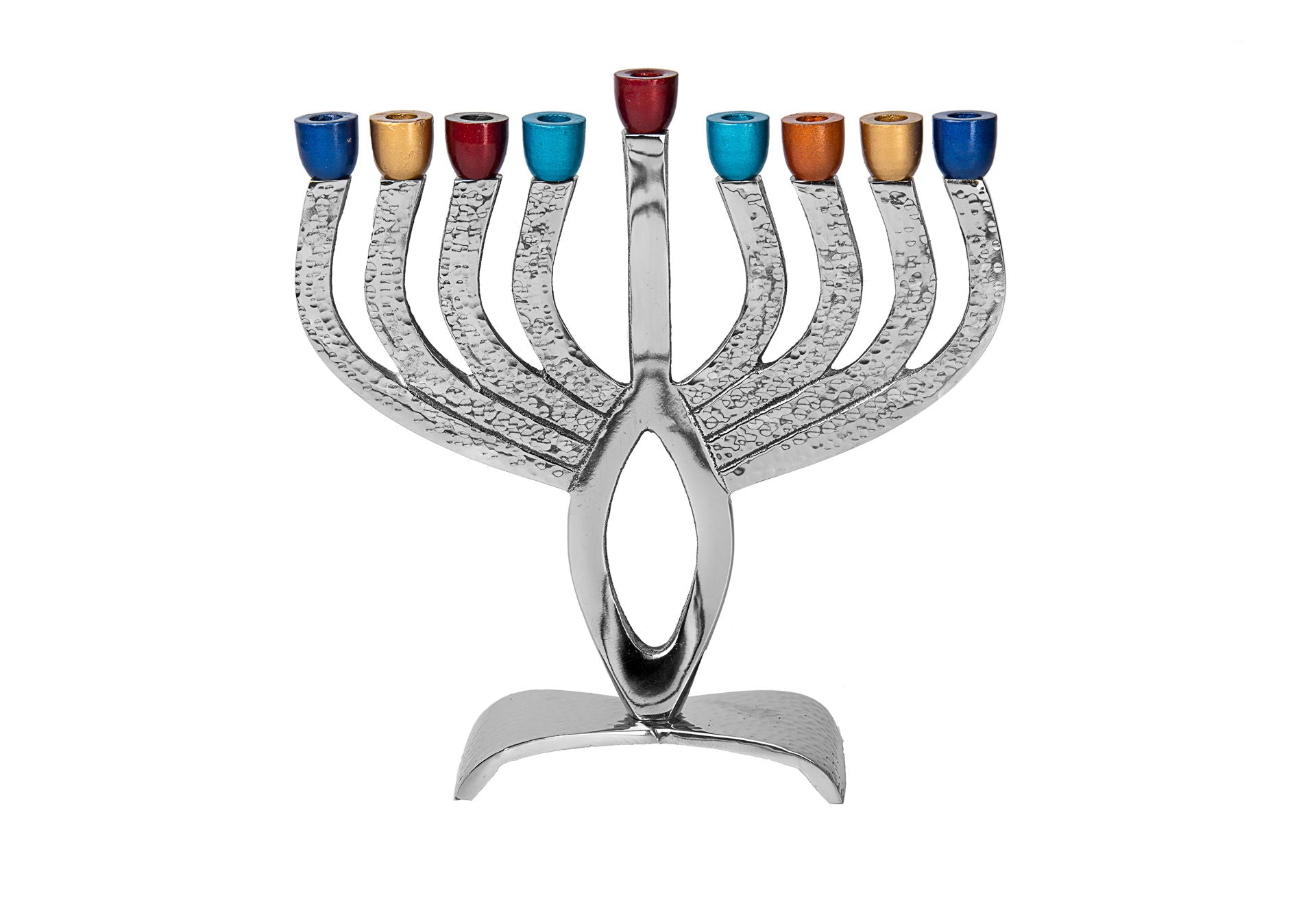 Nickelplated menorah with colered cups | Judaica Square Lakewood