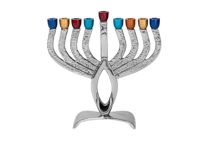 Nickelplated menorah with colered cups | Judaica Square Lakewood
