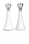 Pair of white enamel candlesticks with flared bodies and polished silver-tone ball and cup tops