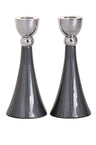Pair of smoke grey enamel candlesticks with flared bodies and shiny silver-tone cups