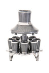 Smoke grey enamel wine fountain with vertical line pattern, eight cups and a silver-tone stand