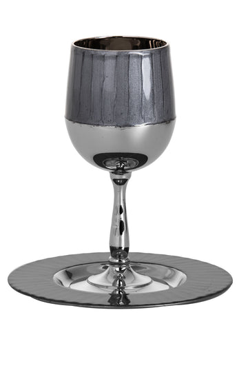 Smoke grey enamel Kiddush cup on polished stem with matching grey-rimmed tray