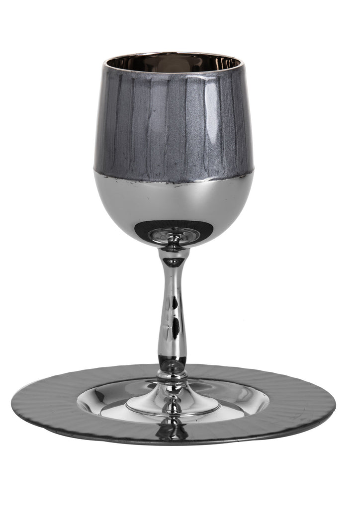 Smoke grey enamel Kiddush cup on polished stem with matching grey-rimmed tray