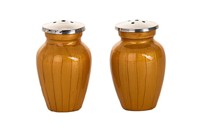 Pair of gold enamel urn-shaped salt and pepper shakers with silver-tone perforated caps