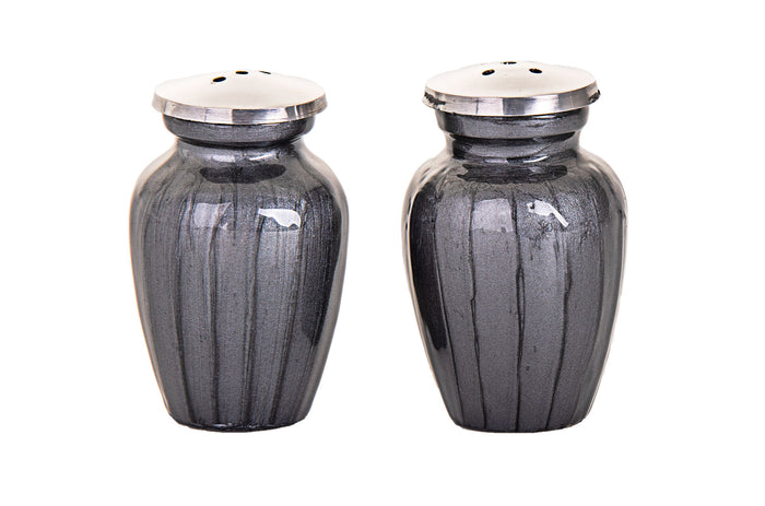 Smoke dark grey enamel salt and pepper shakers with streaked finish and silver-tone tops, shown side by side